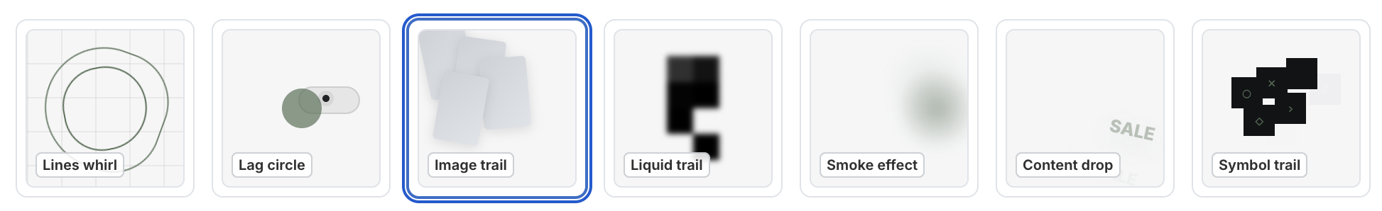 Cursor FX effect options including lines whirl, lag circle, image trail, liquid trail, smoke effect, content drop, and symbol trail