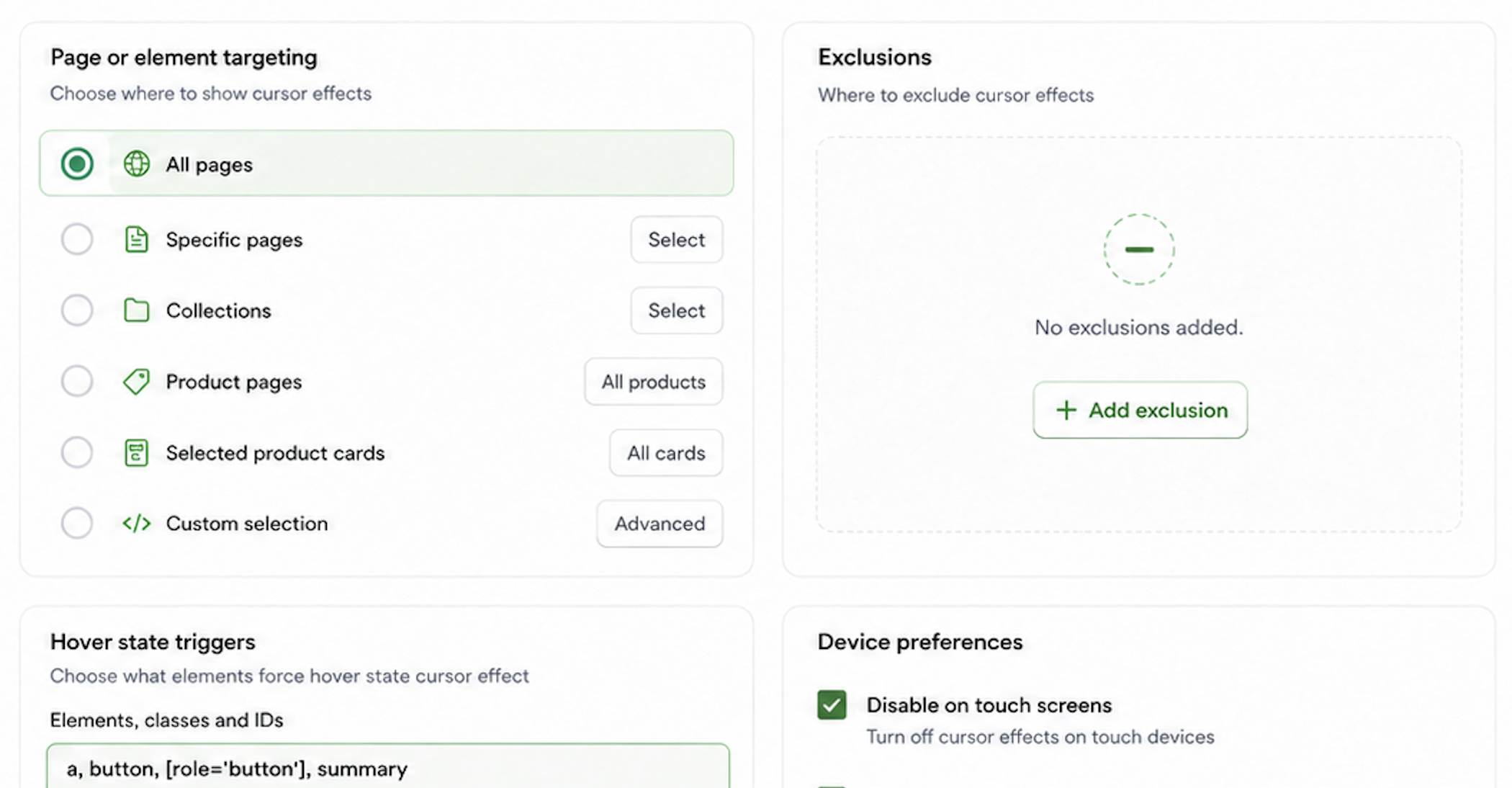 Ferrum Cursor FX rules screen showing page targeting, exclusions, hover triggers, and device preferences